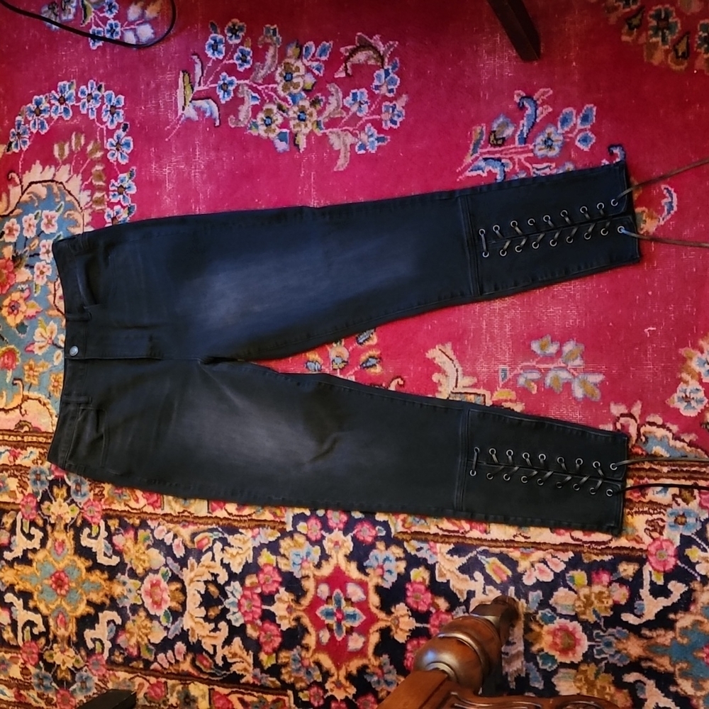 American Eagle Faded Black Wash Tie Hem Highest Rise Jeggings 12